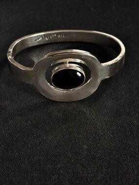 Sterling Silver Black Onyx Hinged Bracelet Stamped 925 Mexico